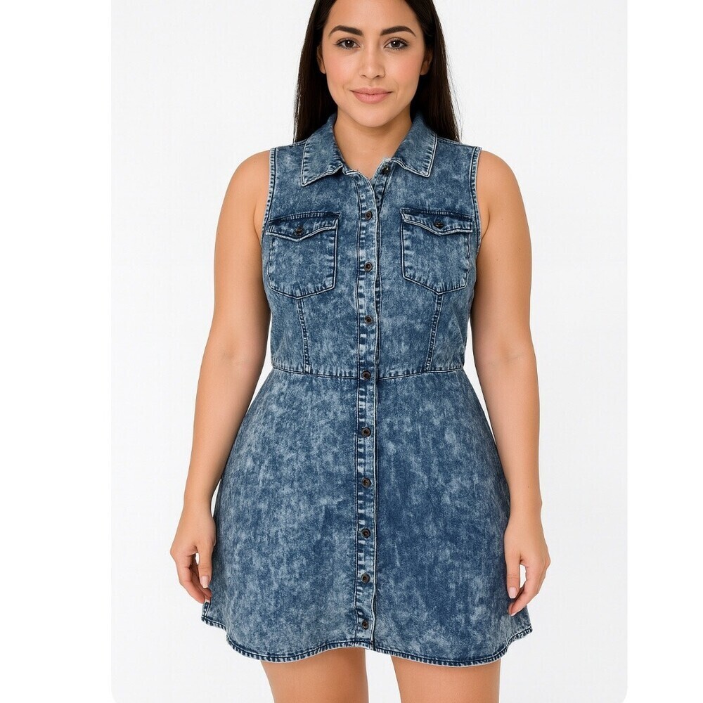 Harmony + Havoc brand fit flare full button up collared acid washed dress SZ L